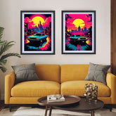 Two framed retro cyberpunk-style art prints hang above a mustard yellow sofa in a modern living room. Each print shows a neon city street scene with a blue car, pink and yellow sun, and dark skyline.