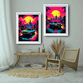 Vaporwave city car sunset canvas wall art
