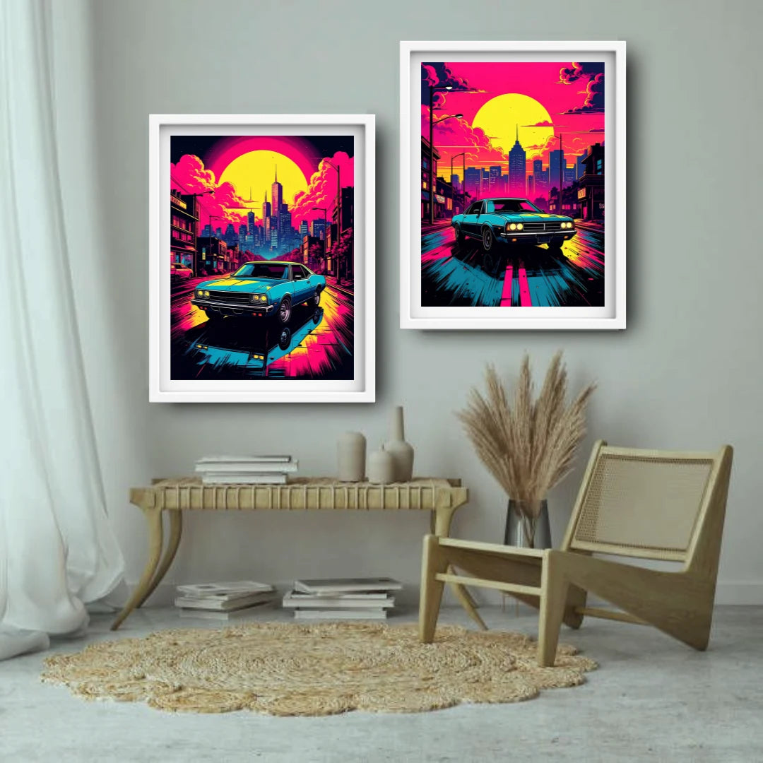 Vaporwave city car sunset canvas wall art
