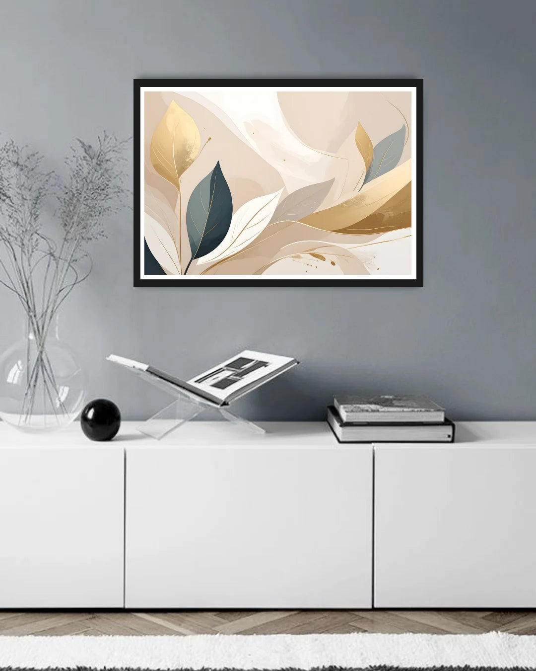 minimal abstract leaves wall art canvas displayed in modern living room