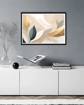 minimal abstract leaves wall art canvas displayed in modern living room