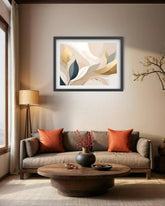beige abstract leaves canvas artwork displayed in cozy living room