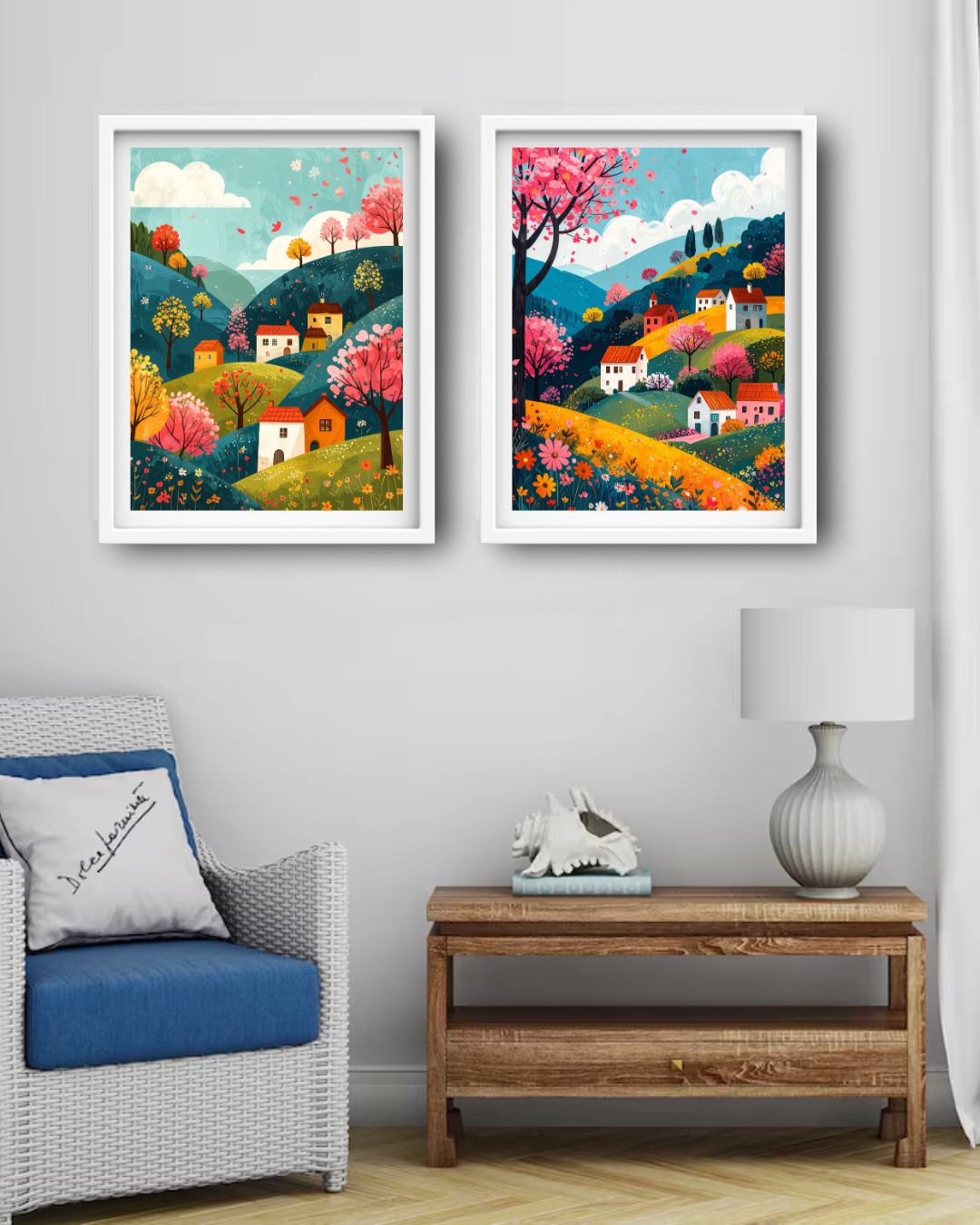 Abstract Colorful Village Landscape - Set of 2 - Wall Art Canvas