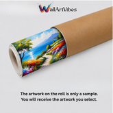 A rolled canvas print on a light gray background, showing a colorful landscape painting sample with a tree, blue water, mountains, and a flower-lined path. The brand name &