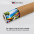 A rolled canvas print on a light gray background, showing a colorful landscape painting sample with a tree, blue water, mountains, and a flower-lined path. The brand name &