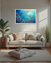 vibrant fish swirl painting displayed in cozy living room interior