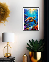 sea turtle canvas painting placed near side table with plant decor