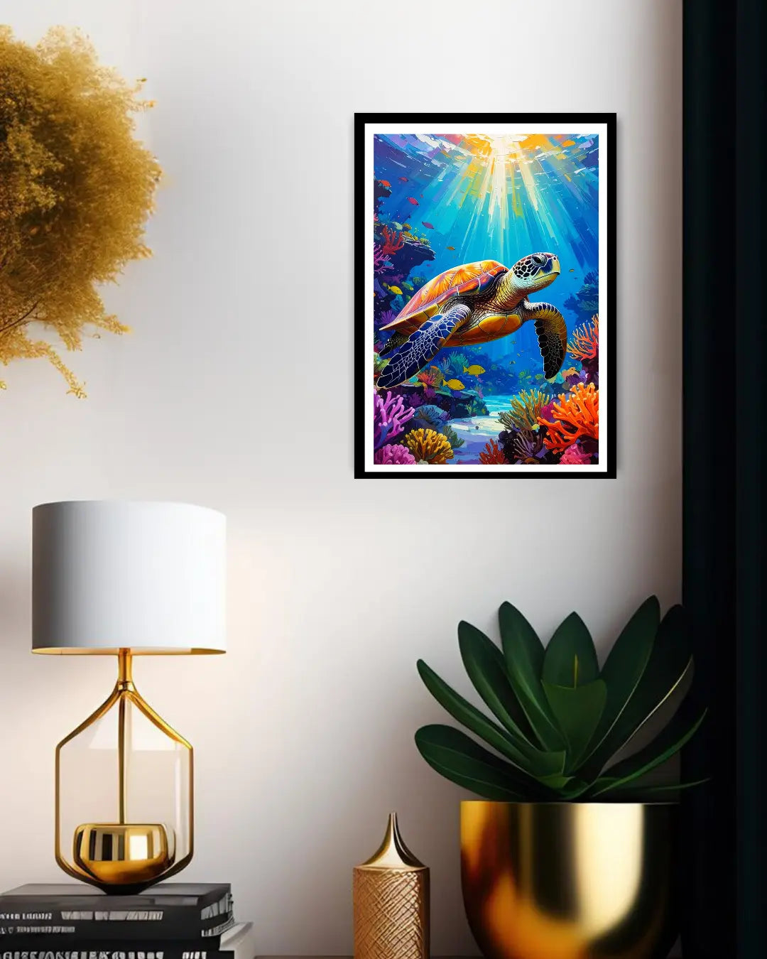 sea turtle canvas painting placed near side table with plant decor