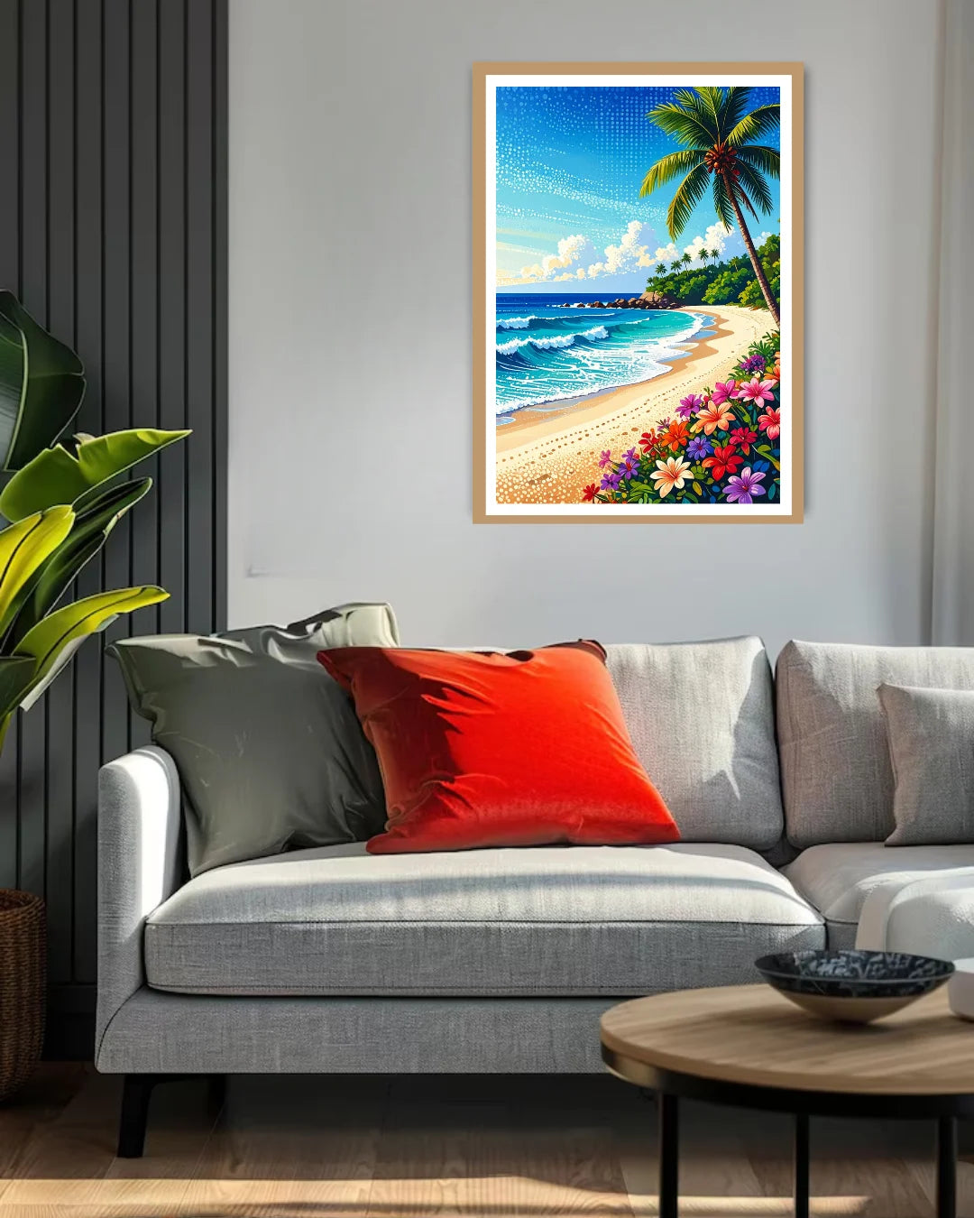 tropical ocean wall art canvas in modern home interior setting
