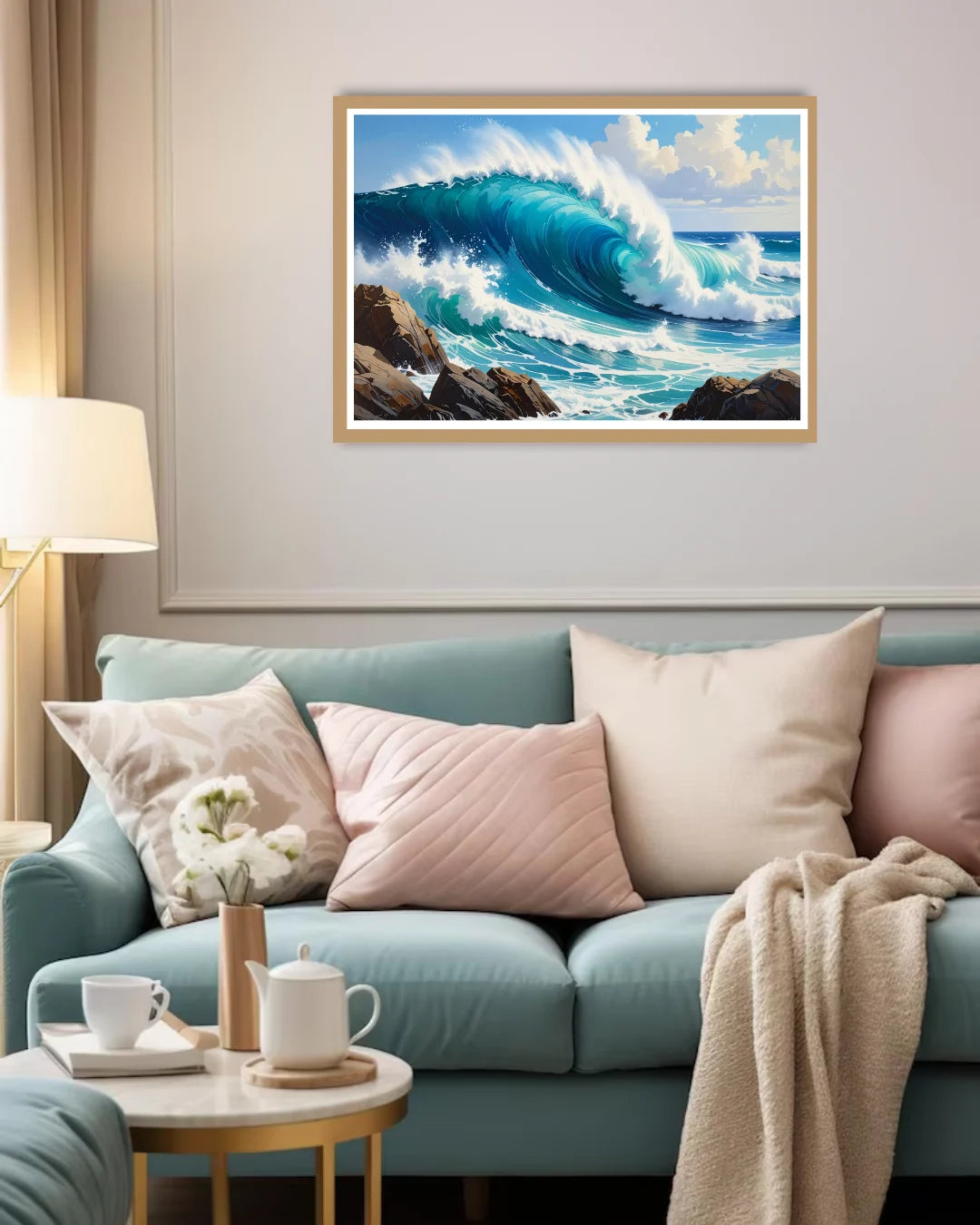 ocean wall art canvas in cozy bedroom interior