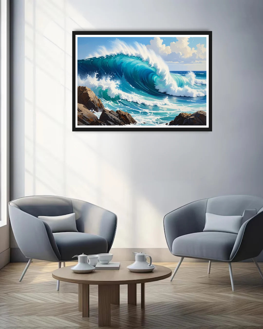 ocean wave wall art canvas in modern living room decor