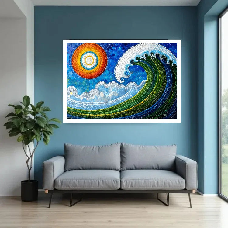 A framed wall art print showing a stylized ocean wave and sun in vivid blue, green, white, and orange tones, displayed above a gray sofa in a modern living room with a blue wall and potted plant.