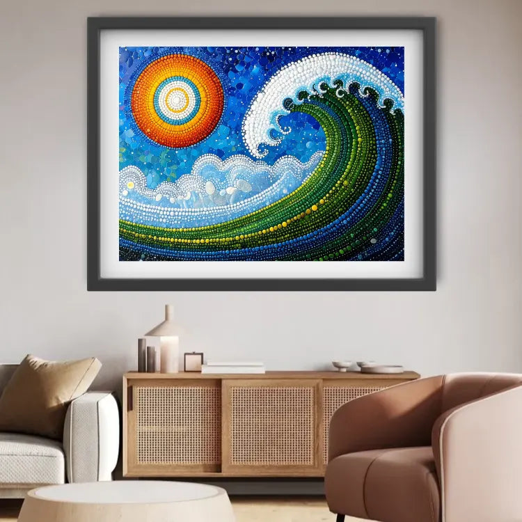 A framed wall art print showing a stylized ocean wave and sun in vivid blue, green, white, and orange tones, displayed above a wooden console in a modern living room setting.