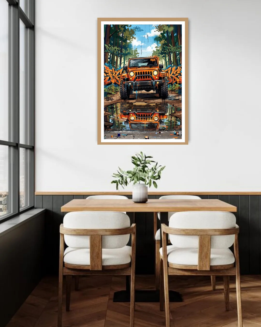 vintage off-road jeep wall art canvas displayed in modern dining area