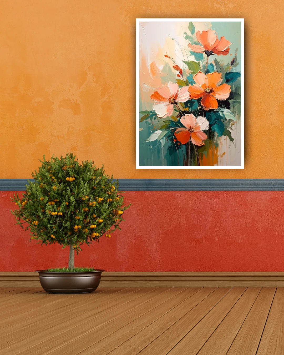 Orange floral wall art canvas hanging on an orange accent wall in a stylish interior
