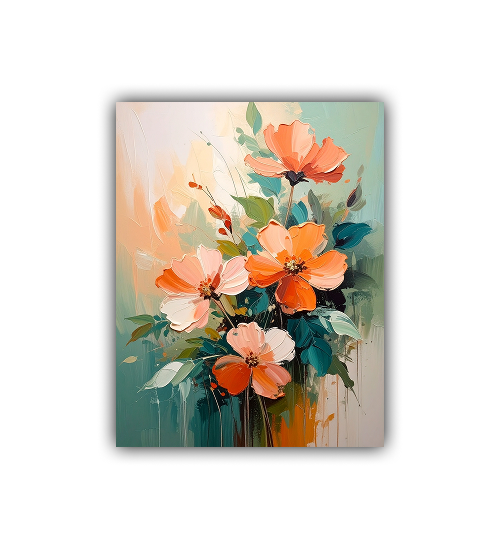 Close-up view of orange floral wall art canvas painting
