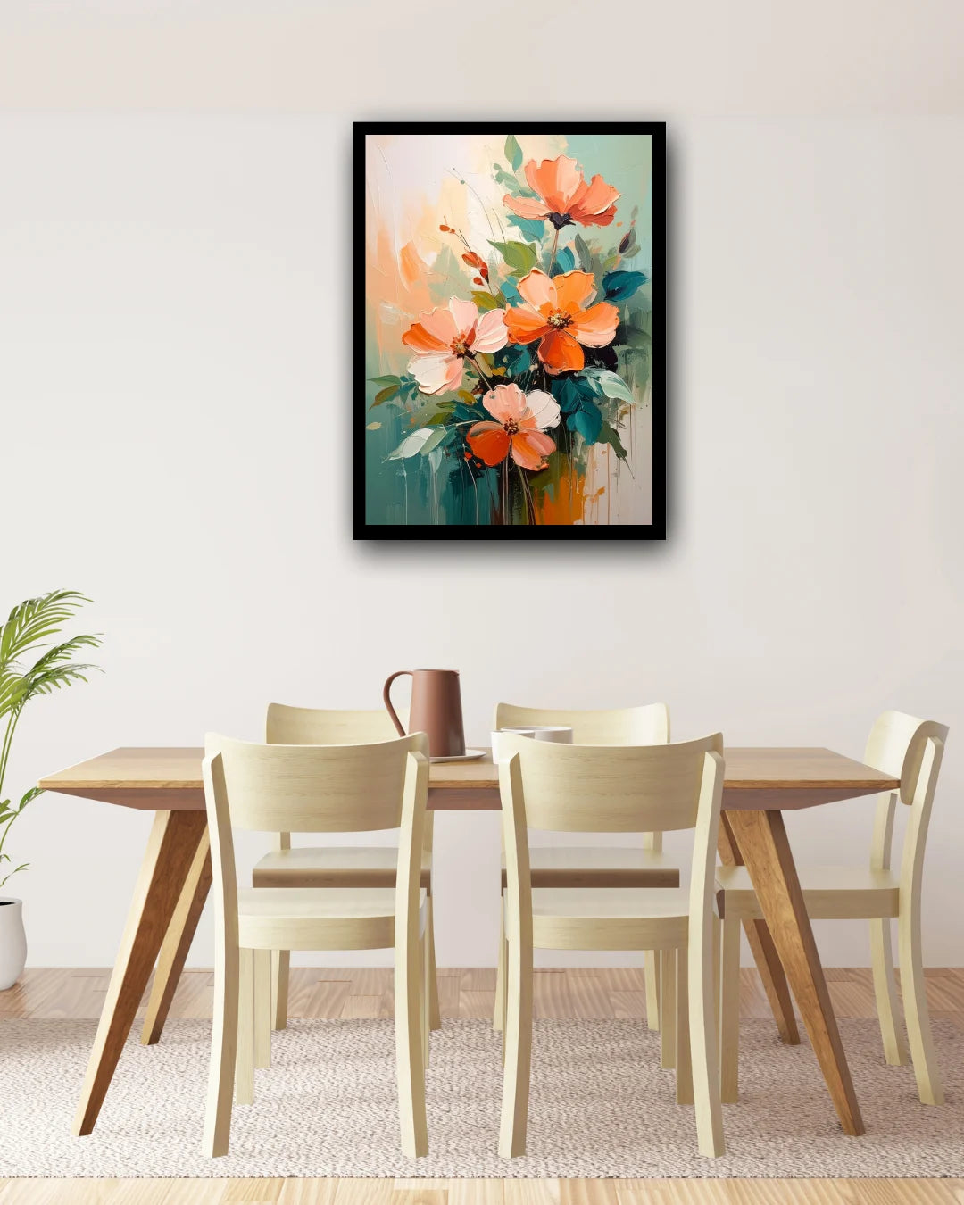 Orange floral wall art canvas displayed in a dining area with wooden table and chairs
