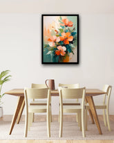 Orange floral wall art canvas displayed in a dining area with wooden table and chairs

