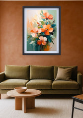 Modern living room decorated with orange floral wall art canvas above sofa

