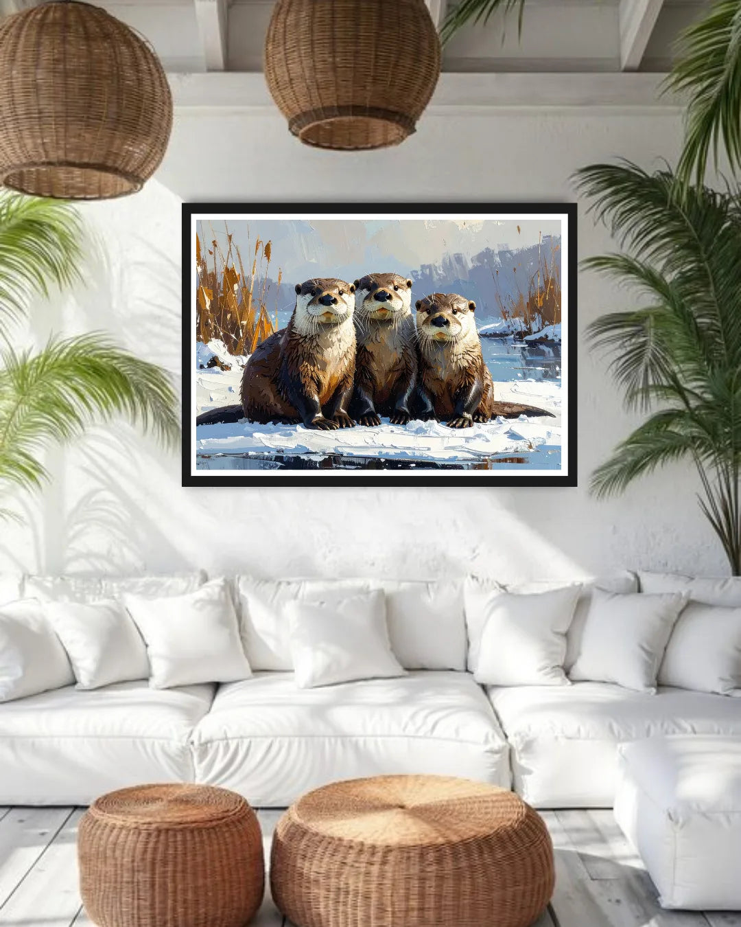 otter family wall art canvas in modern living room decor