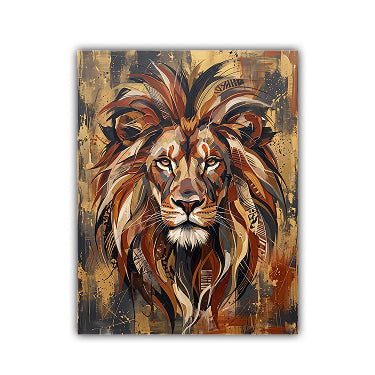 A vertical canvas wall art print featuring a stylized, painterly lion head with a full mane in warm brown, gold, black, and cream tones, shown against a plain white background.