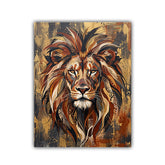 A vertical canvas wall art print featuring a stylized, painterly lion head with a full mane in warm brown, gold, black, and cream tones, shown against a plain white background.