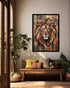 A framed wall art print featuring a stylized lion portrait in warm brown, gold, orange, and black tones, displayed above a wooden bench with pillows in a styled interior room.
