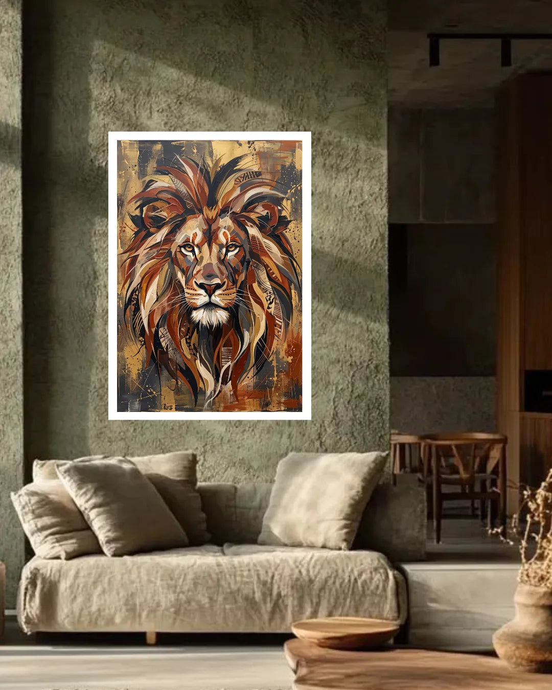A framed vertical canvas print of a stylized lion painting hangs on a textured green wall above a beige sofa in a modern living room setting.