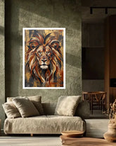 A framed vertical canvas print of a stylized lion painting hangs on a textured green wall above a beige sofa in a modern living room setting.