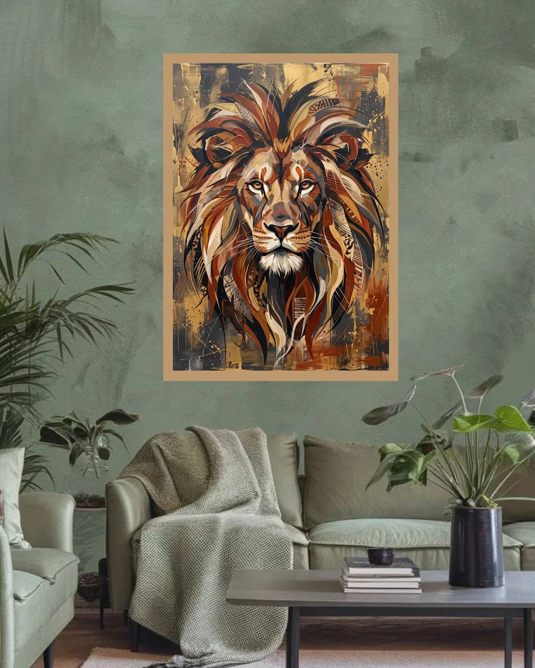 A framed wall art print featuring a stylized lion portrait in warm brown, gold, and orange tones, displayed above a sofa in a living room setting with plants and a table.