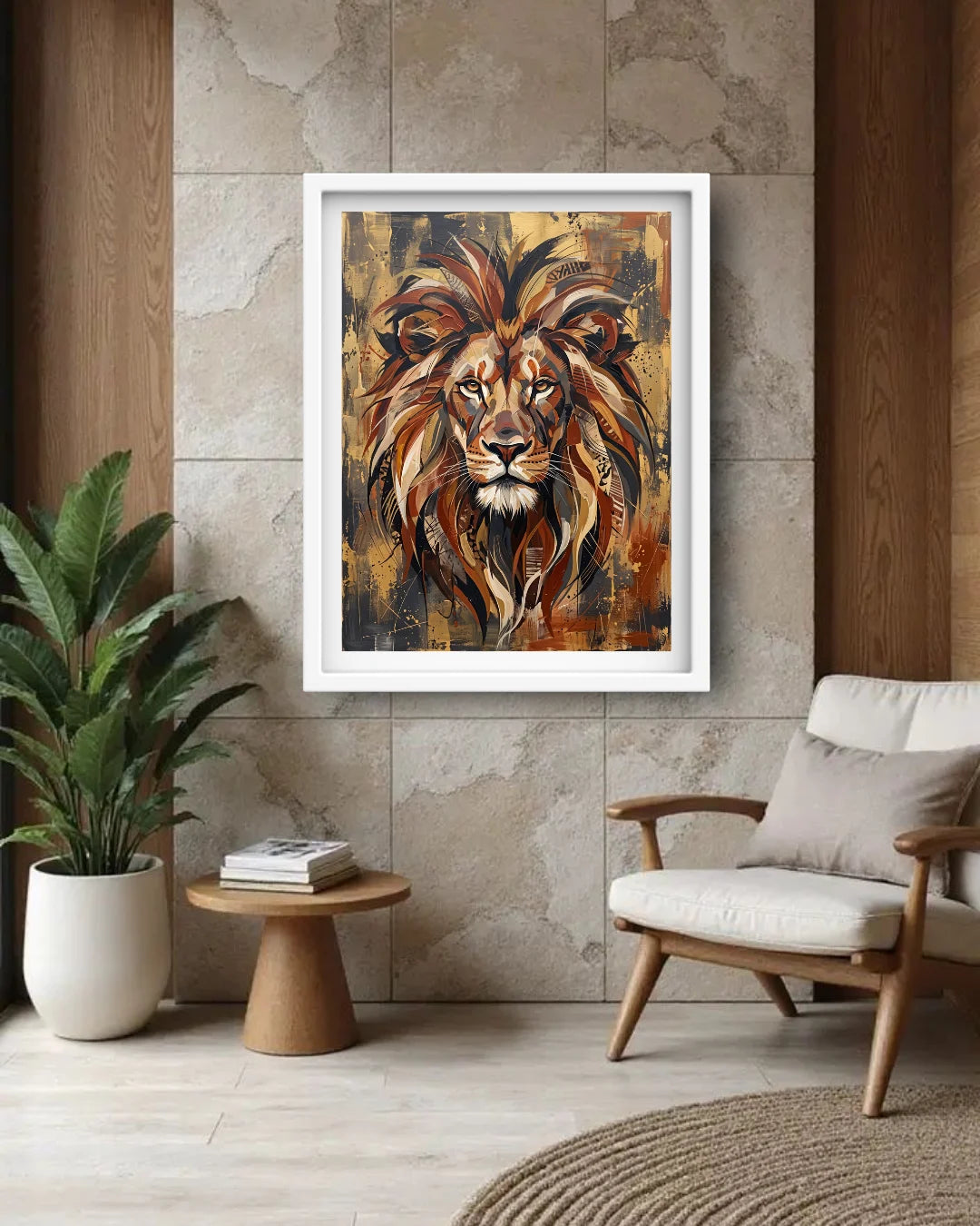 A framed painting of a majestic lion&