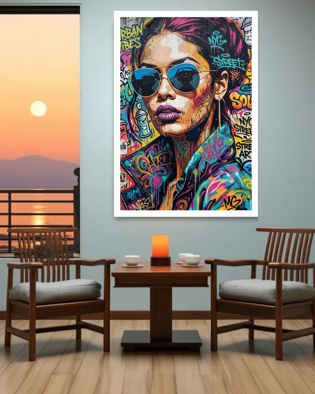 Colorful abstract portrait of a woman with sunglasses on a wall in a dining room.