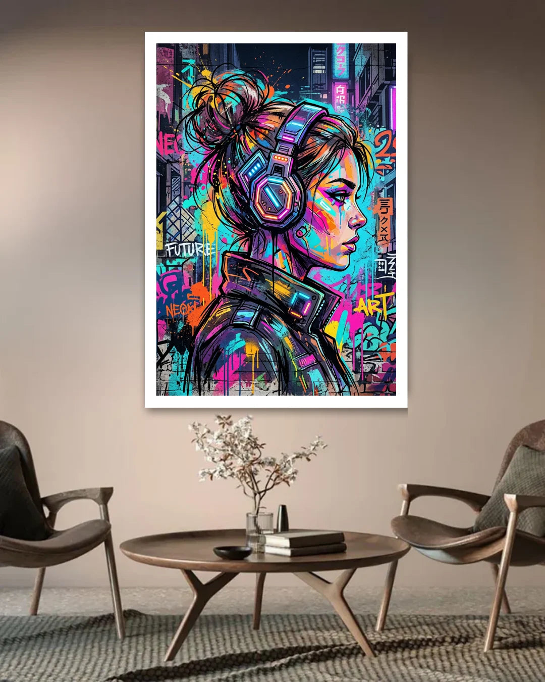 Colorful abstract art of a woman wearing headphones on a wall in a modern living room.