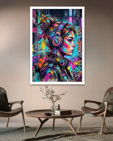 Colorful abstract art of a woman wearing headphones on a wall in a modern living room.