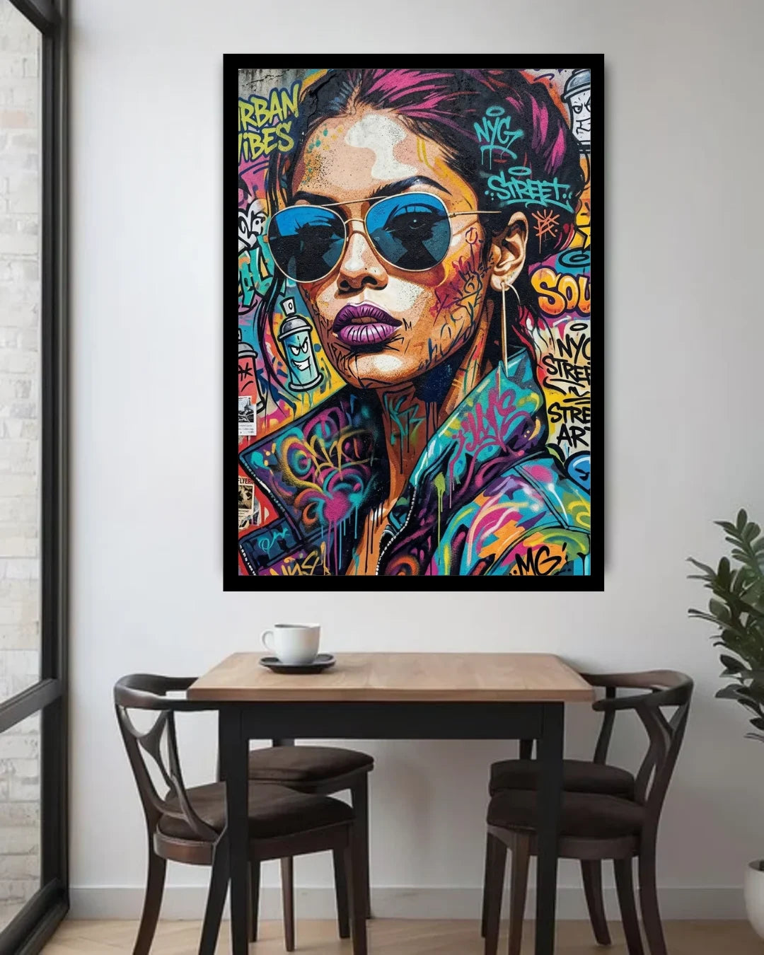 Colorful street art-style painting of a woman with sunglasses on a wall above a dining table.