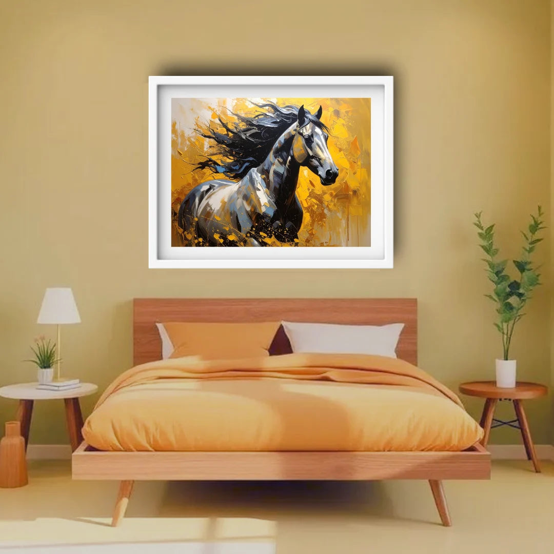 Framed abstract painting of a horse on a wall above a bed with yellow bedding.