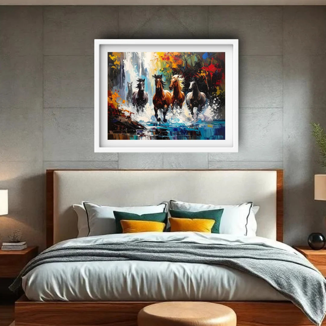 Framed abstract painting of horses over a bed with colorful pillows.