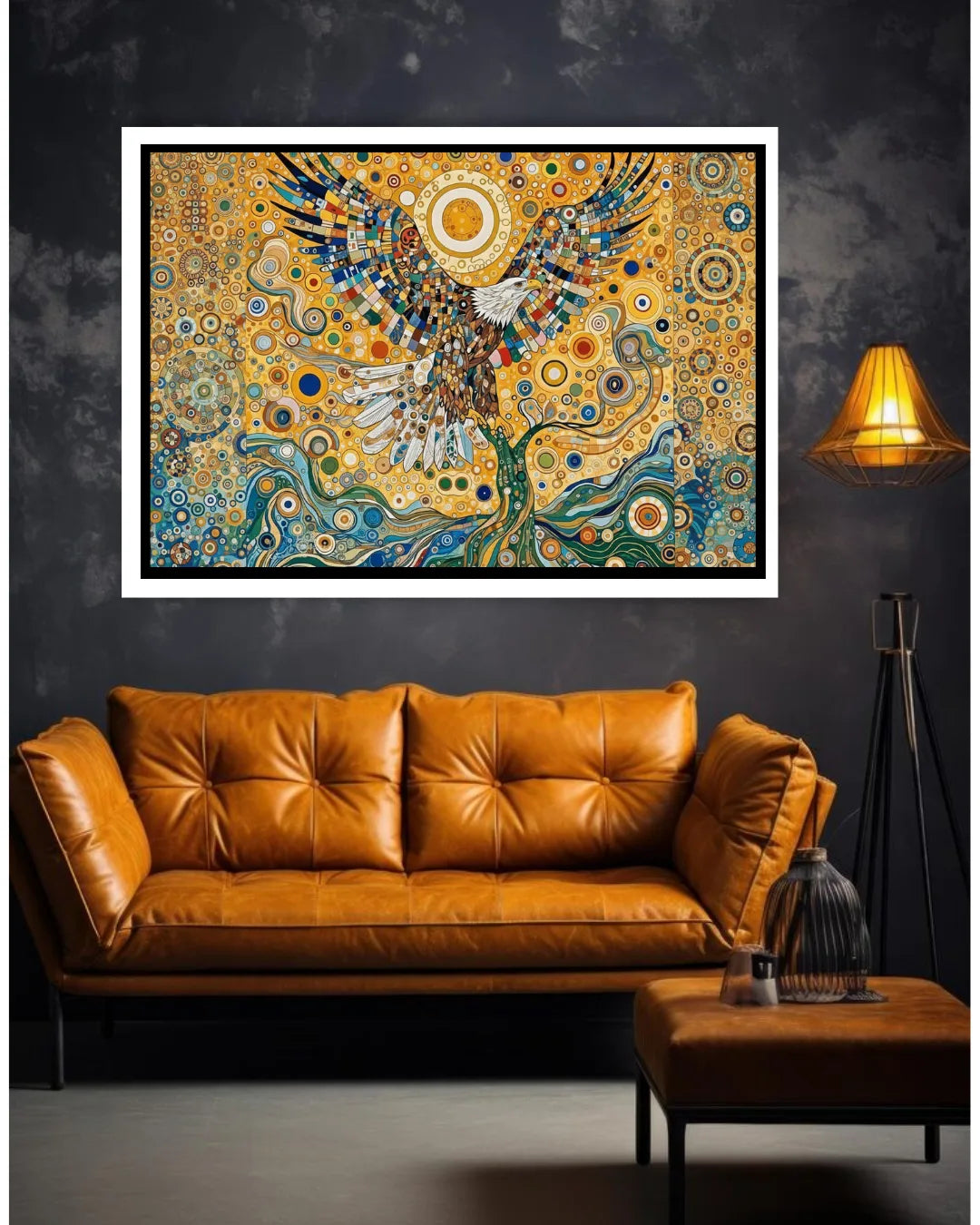 Decorative painting on a wall above a brown leather sofa with a lamp on a side table.