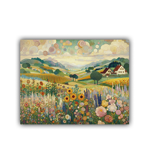 Colorful landscape painting with flowers and houses on a white background