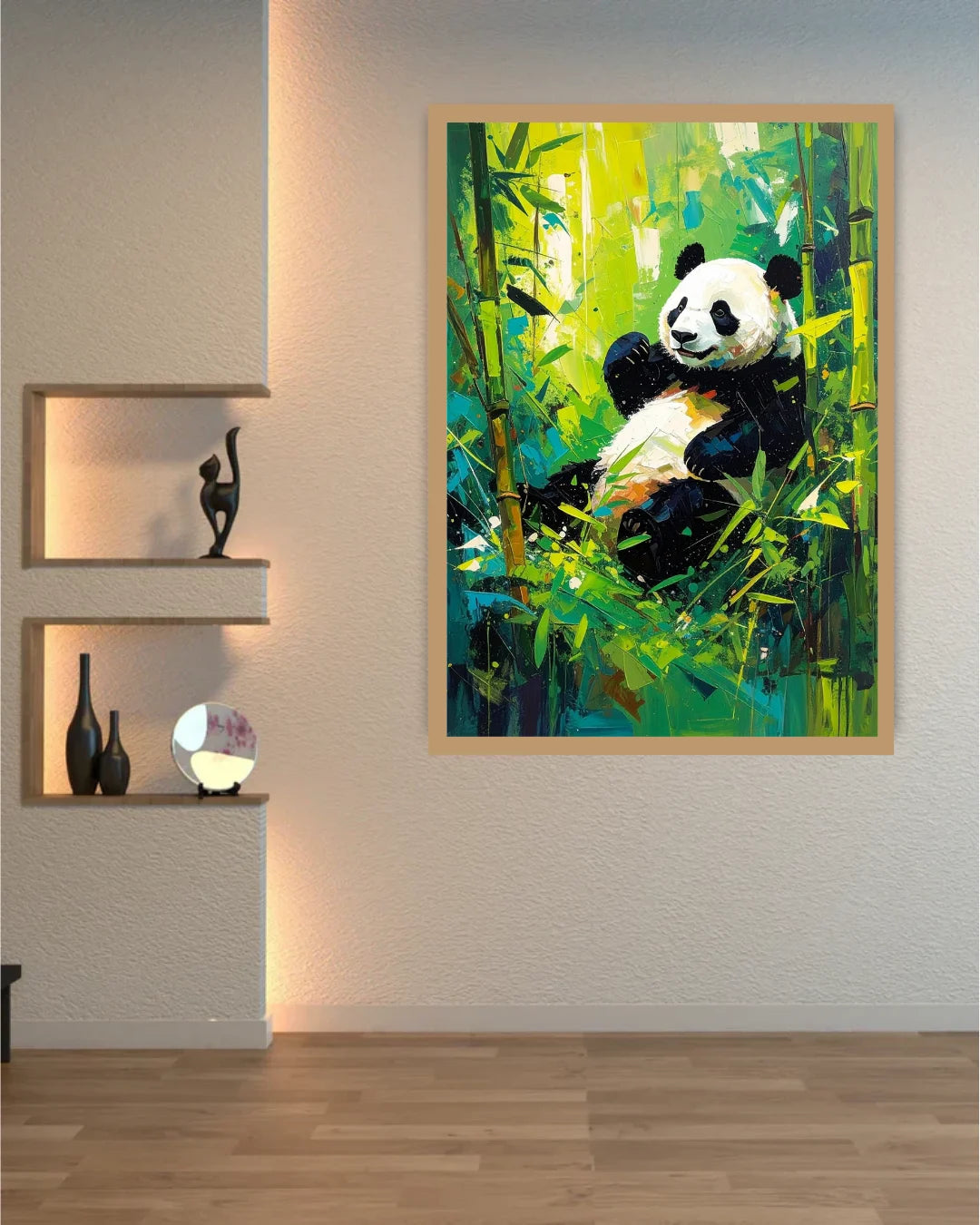 Colorful abstract painting of a panda bear in a bamboo forest on a wall with shelves below.