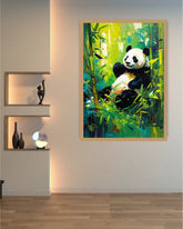 Colorful abstract painting of a panda bear in a bamboo forest on a wall with shelves below.