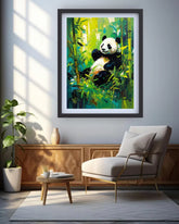 Framed painting of a panda bear in a bamboo forest on a wall in a living room.