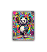 Colorful artwork of a panda wearing headphones with graffiti-style text on a white background