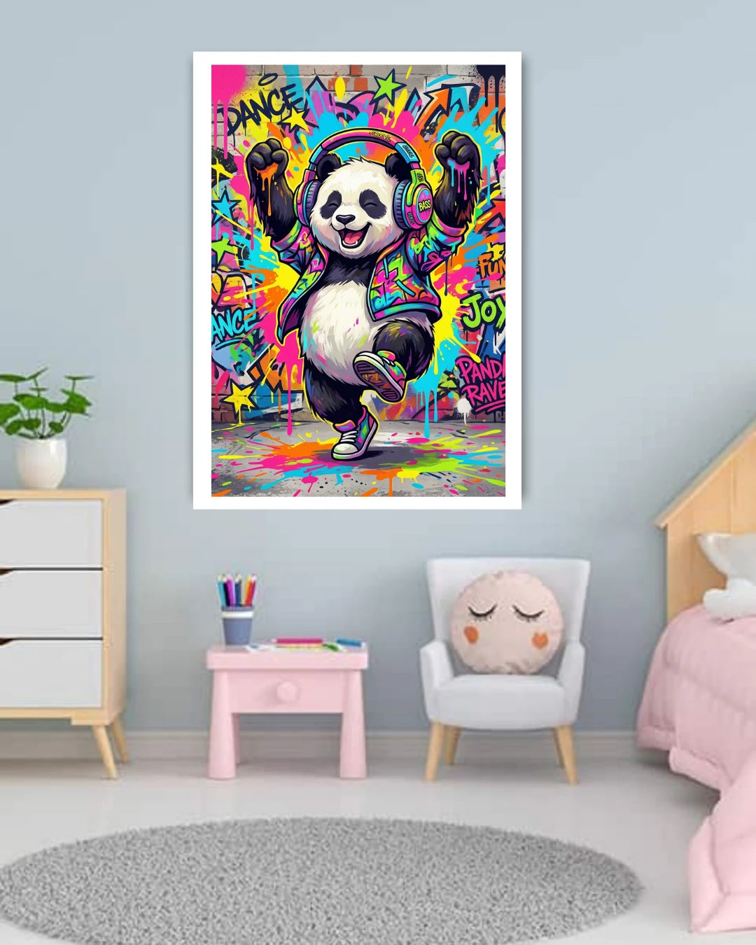 panda graffiti wall art canvas in modern kids room decor