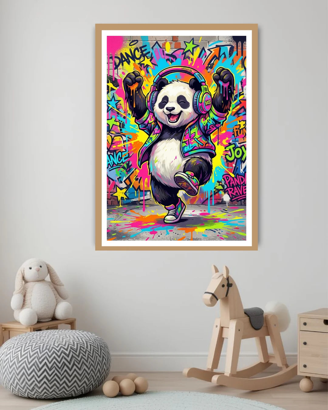 colorful panda wall art canvas in kids playroom interior