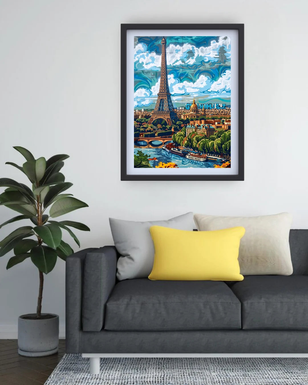 Eiffel Tower canvas artwork displayed in cozy living room