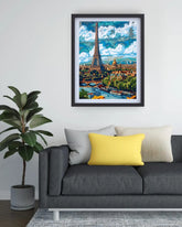 Eiffel Tower canvas artwork displayed in cozy living room
