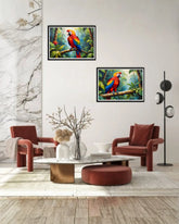 colorful parrot wall art displayed in modern living room with red chairs