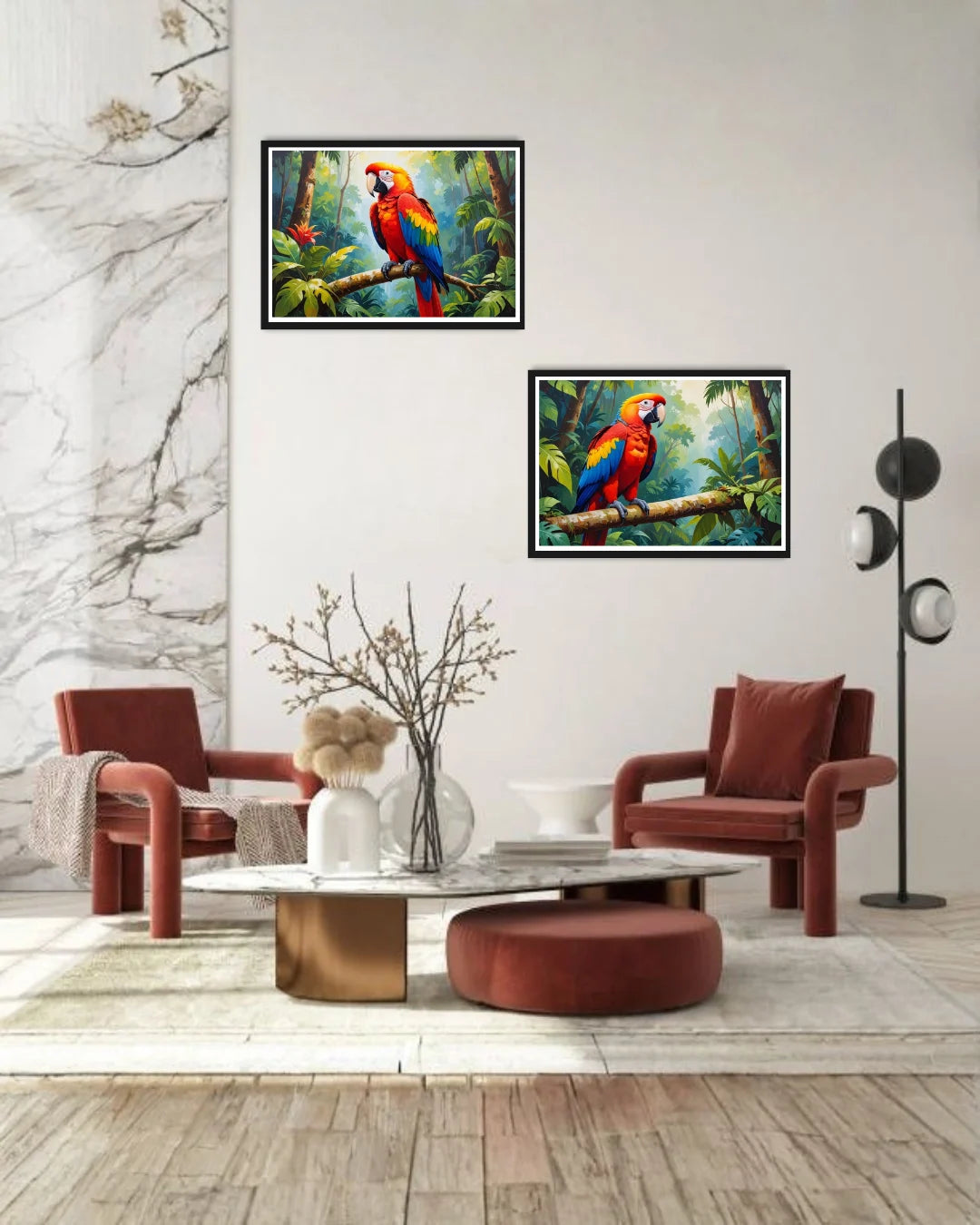 colorful parrot wall art displayed in modern living room with red chairs