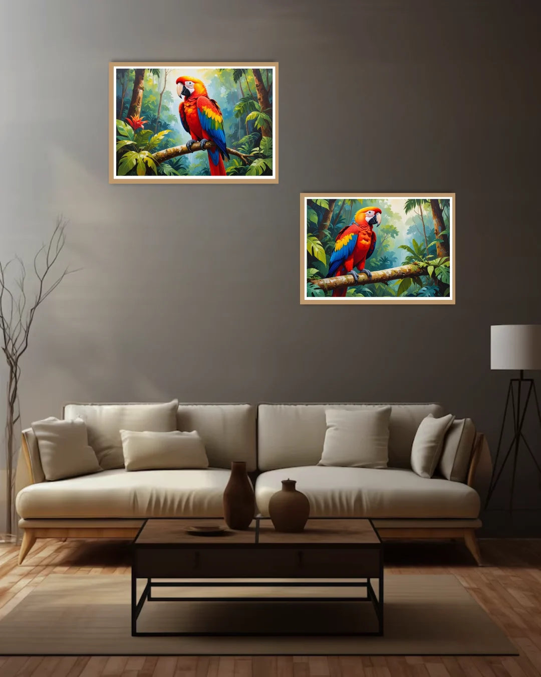 colorful parrot artwork placed above sofa in stylish living room